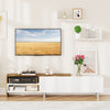 Farmhouse TV stand in white with open compartments and floating shelves, designed for TVs up to 80 inches.
