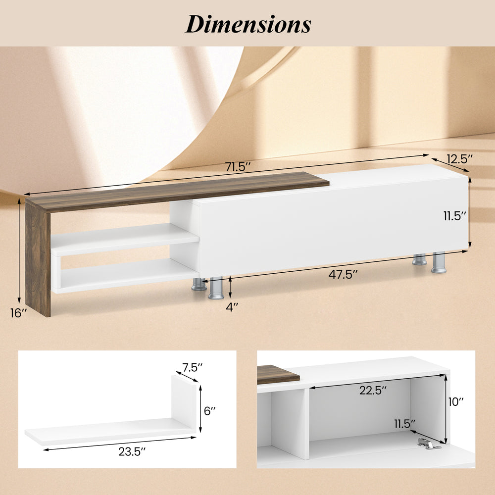 Dimensions of the 3 Pieces Farmhouse TV Stand with white finish and wood top, designed for TVs up to 80 inches.