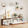 Farmhouse TV stand with open compartments and floating shelves, designed for TVs up to 80 inches, offering versatile.