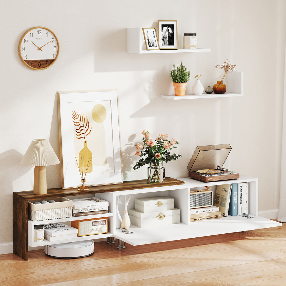Farmhouse TV stand with open compartments and floating shelves, designed for TVs up to 80 inches, offering versatile.