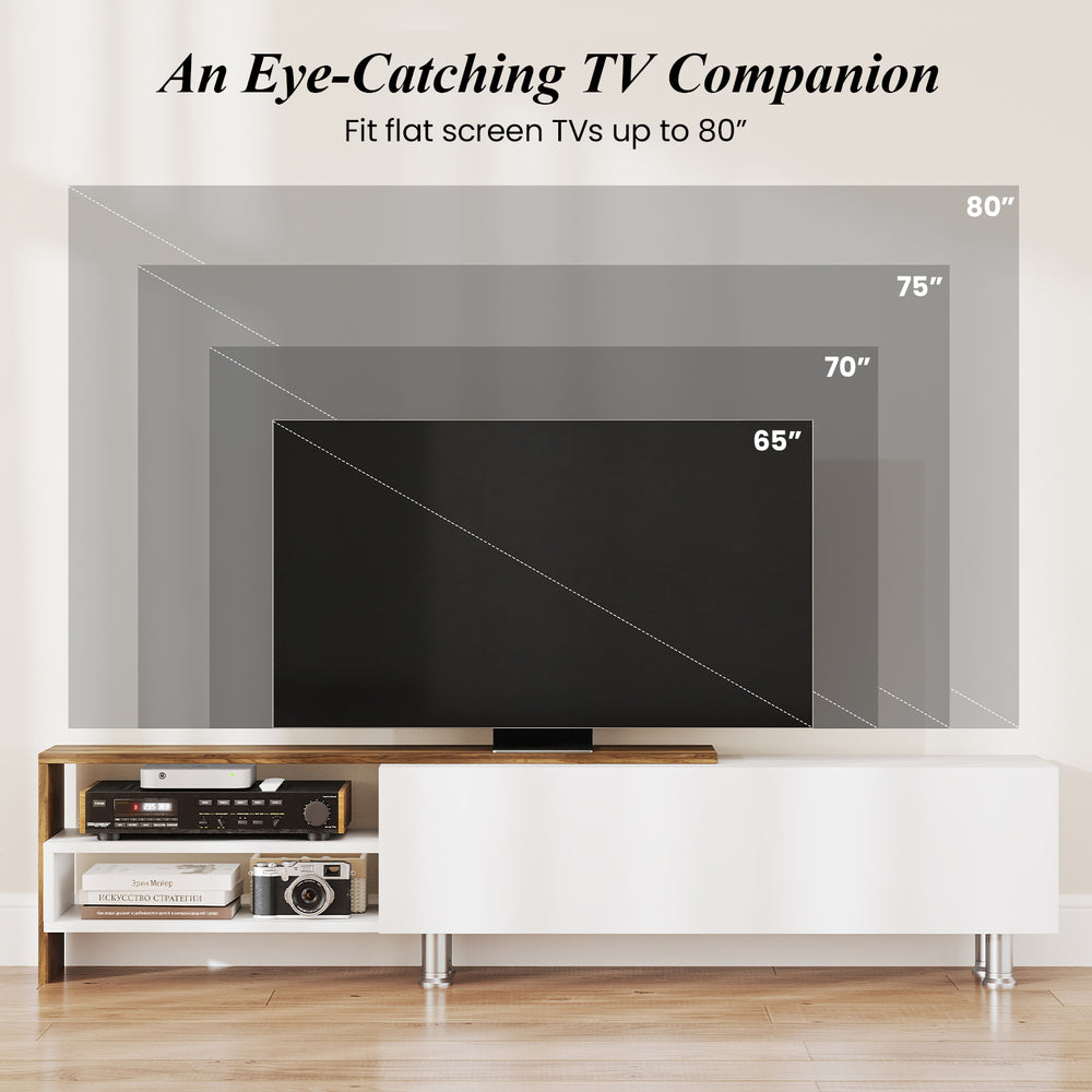 Farmhouse TV stand for TVs up to 80 inches, featuring a wide tabletop, open compartments, and a flip-over cabinet.
