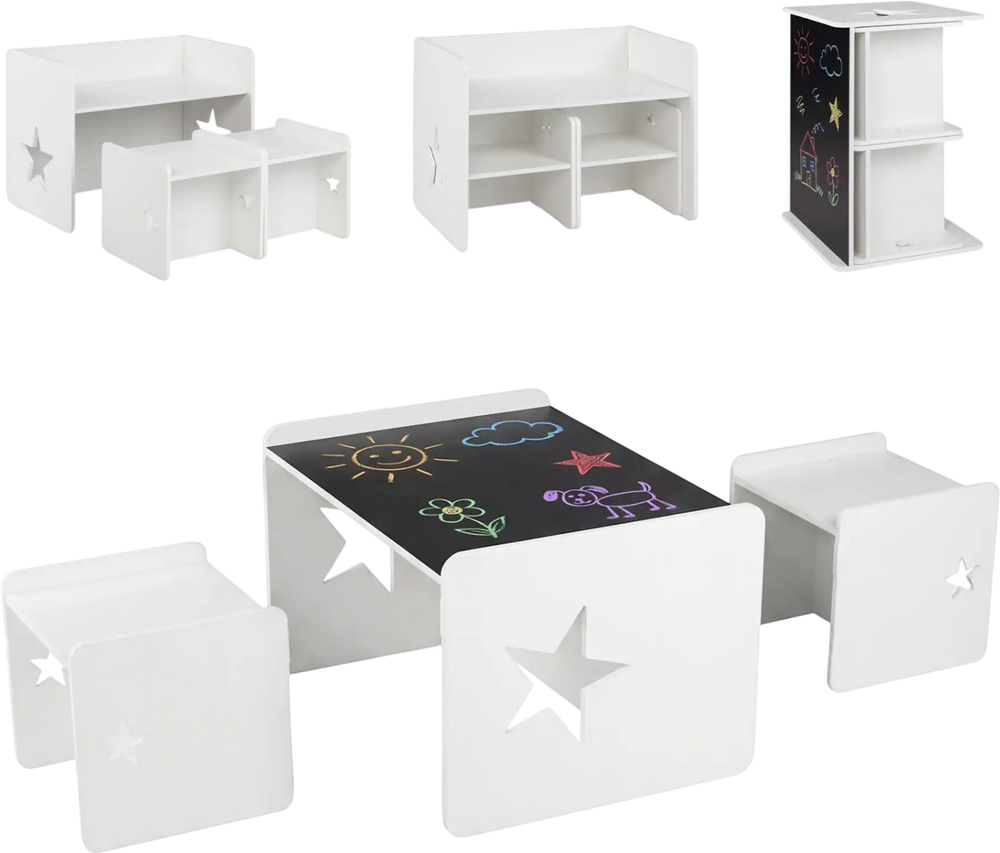 Kids table and chair set in white with chalkboard top, includes 1 table and 2 chairs for space-saving playtime.