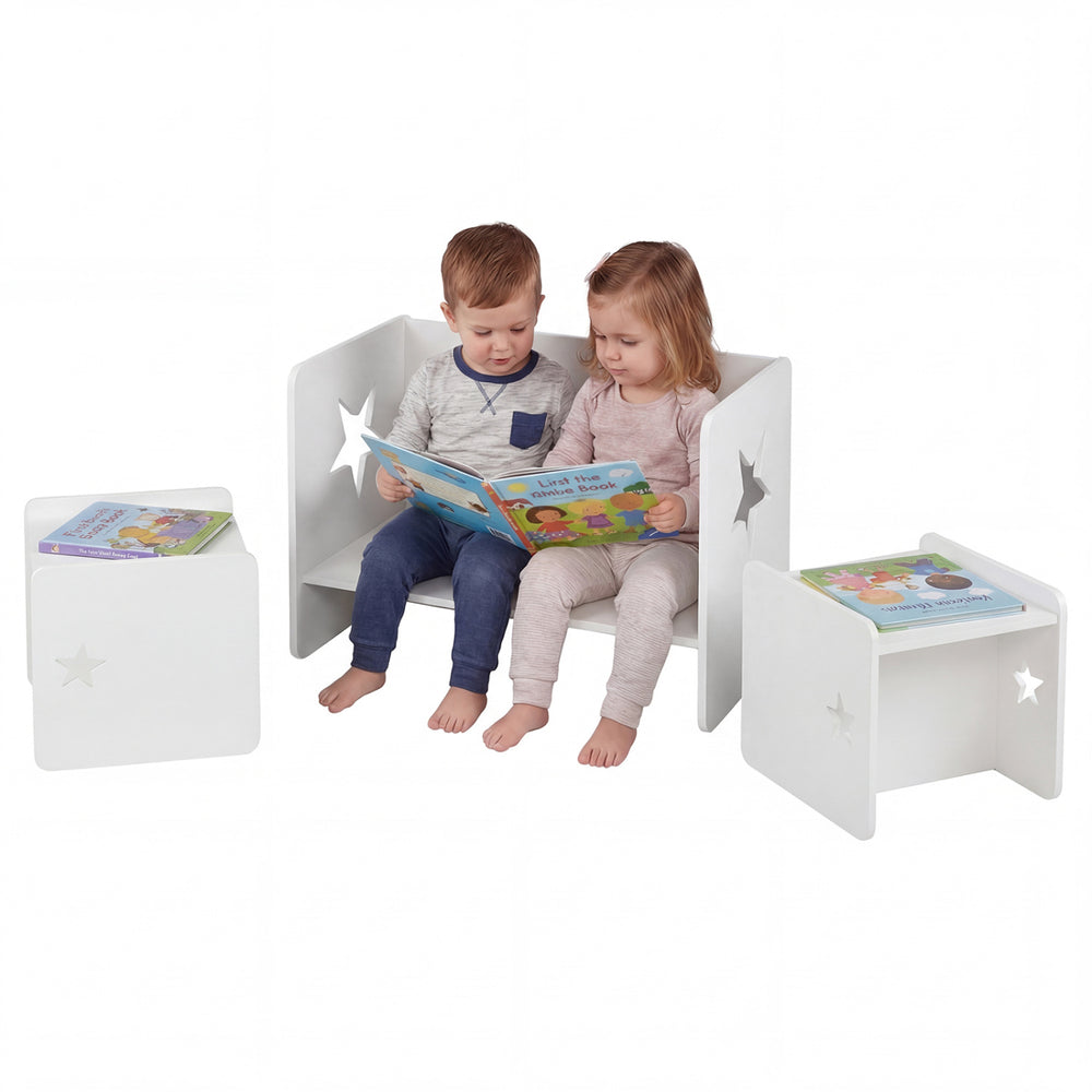 Kids table and chair set in white with ergonomic design, perfect for playtime and reading in children's rooms.