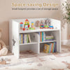 Kids table and chair set in white with storage space, featuring a chalkboard and ergonomic design for cozy sitting.