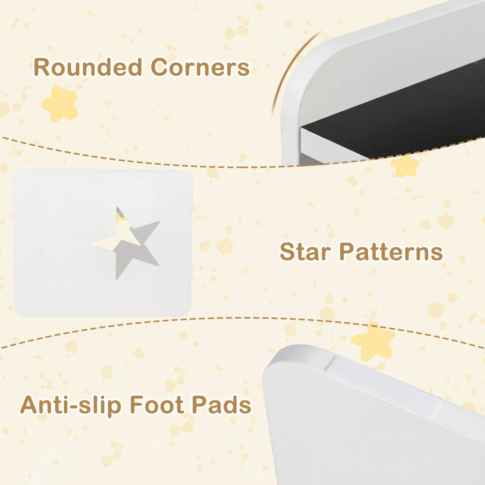 Detail of the kids table set showing rounded corners, star patterns, and anti-slip foot pads for safety and stability.