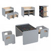 Kids table and chair set in gray with chalkboard surface, includes 1 table and 2 space-saving chairs for cozy playtime.