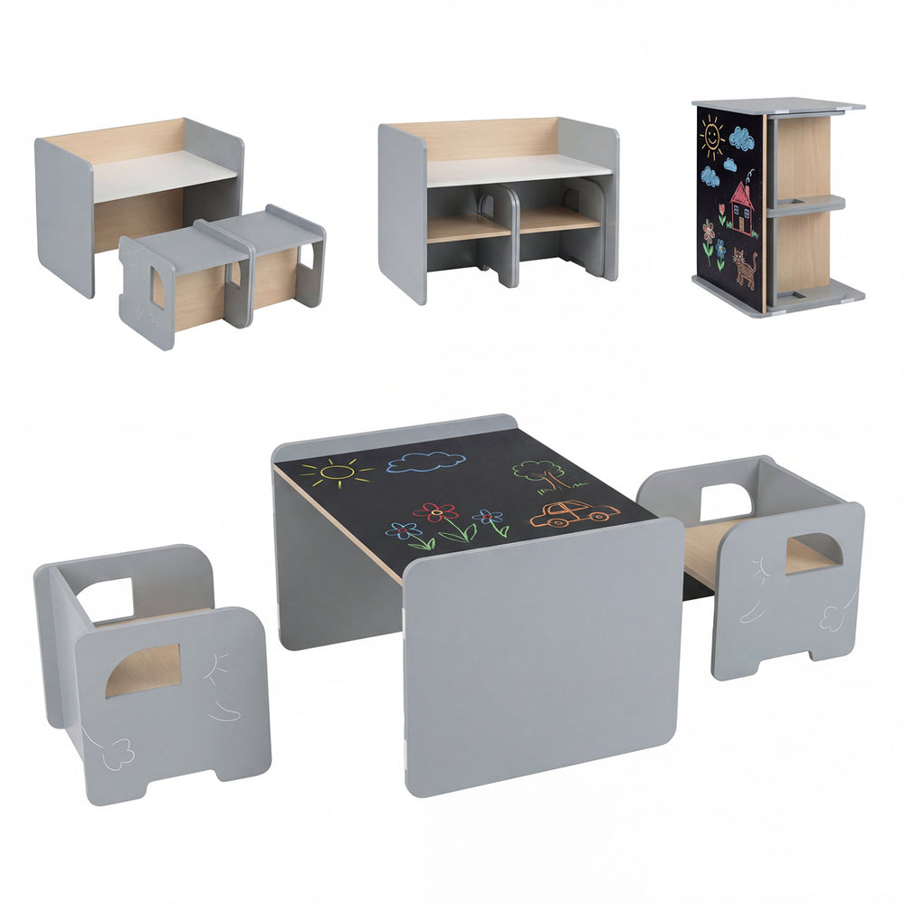 Kids table and chair set in gray with chalkboard surface, includes 1 table and 2 space-saving chairs for cozy playtime.
