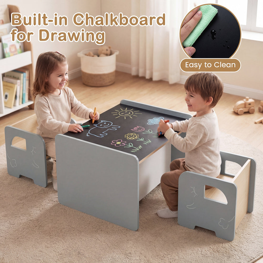 Kids table and chair set in gray with built-in chalkboard for drawing, perfect for playrooms and easy to clean.