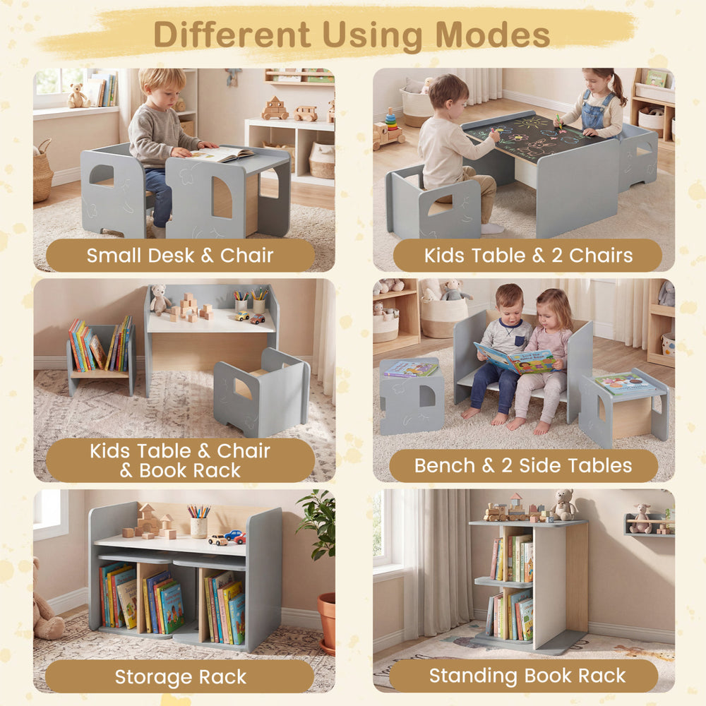 Kids table and chair set in gray, featuring multifunctional designs for storage, play, and learning in a cozy space.