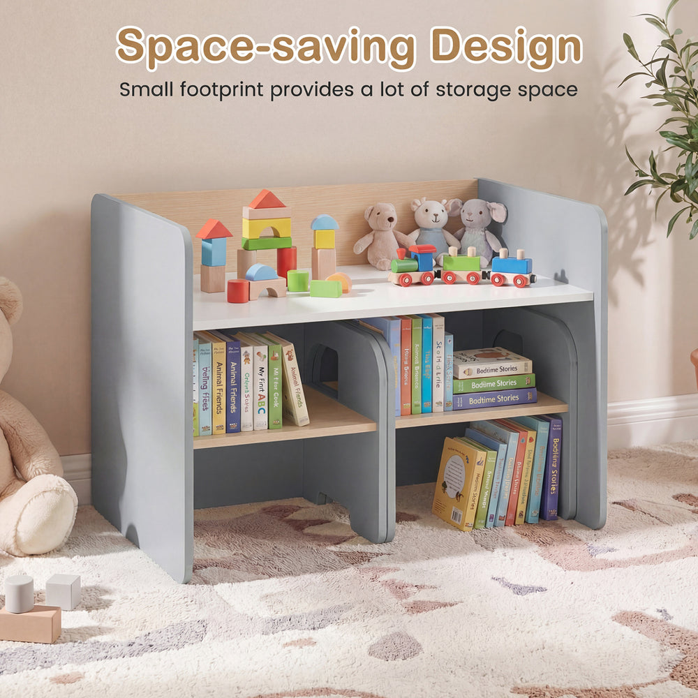 Kids table and chair set in gray with chalkboard, featuring space-saving design and storage for toys and books.