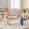 Kids table and chairs set with animal patterns, solid wood legs, and rounded corners for ages 3-6, ideal for playtime.