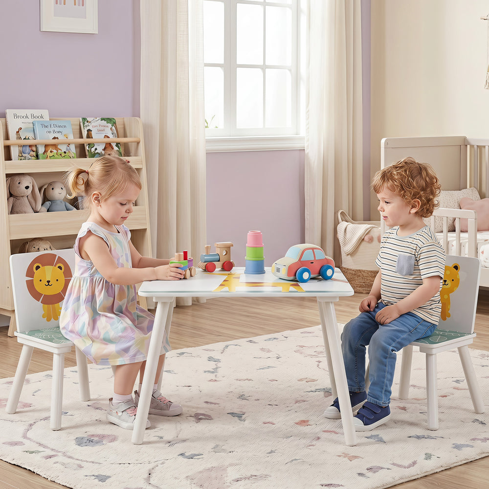 Kids table and chairs set with animal patterns, solid wood legs, and rounded corners for ages 3-6, ideal for playtime.