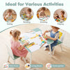 Kids table and chairs set with animal patterns, solid wood legs, ideal for drawing, reading, and playing in various rooms.