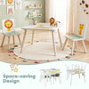 Kids table and chairs set with animal patterns, featuring solid wood legs and rounded corners for safe, fun playtime.