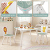 Kids table and chairs set with animal patterns, solid wood legs, and rounded corners for safe play and easy cleaning.