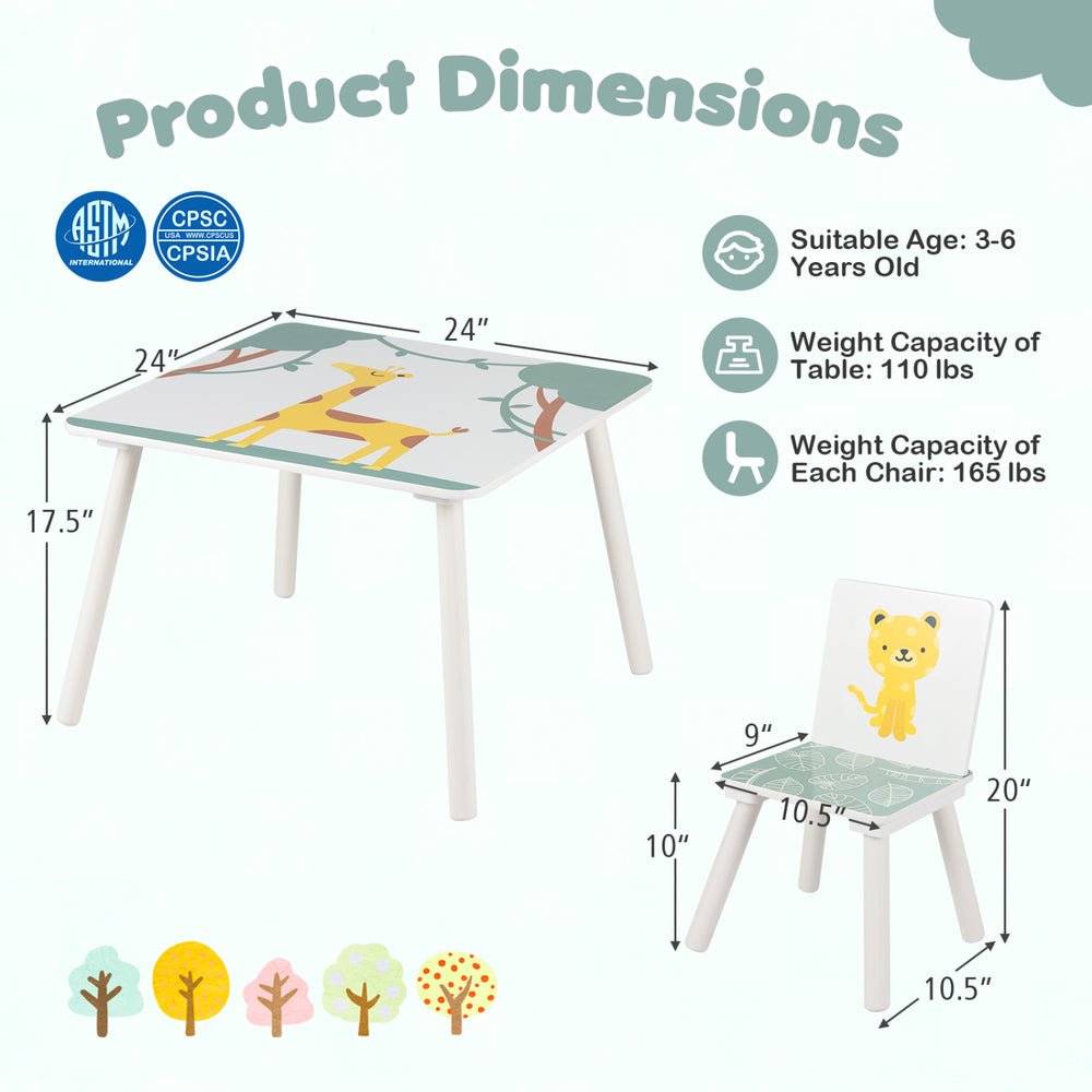 Kids table and chairs set featuring animal patterns, solid wood legs, and rounded corners for ages 3-6 years old.