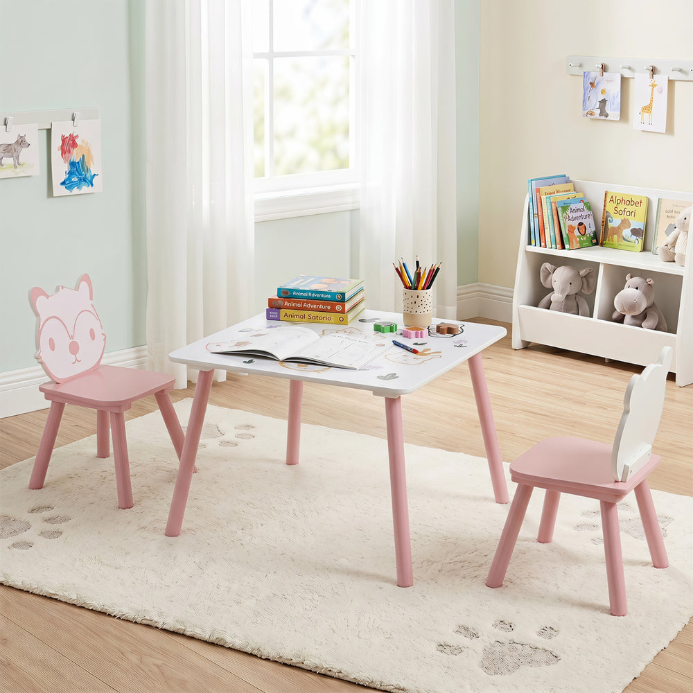 Kids table and chairs set with animal patterns, featuring smooth seats and pine wood legs, perfect for play and learning.