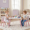 Kids table and chairs set with animal patterns, featuring a wide tabletop and smooth seats, ideal for playtime in any room.