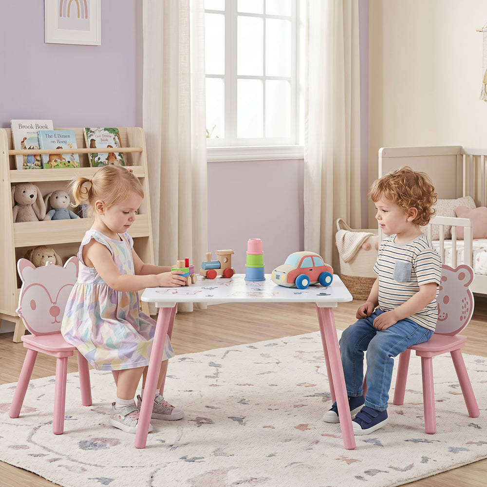 Kids table and chairs set with animal patterns, featuring a wide tabletop and smooth seats, ideal for playtime in any room.