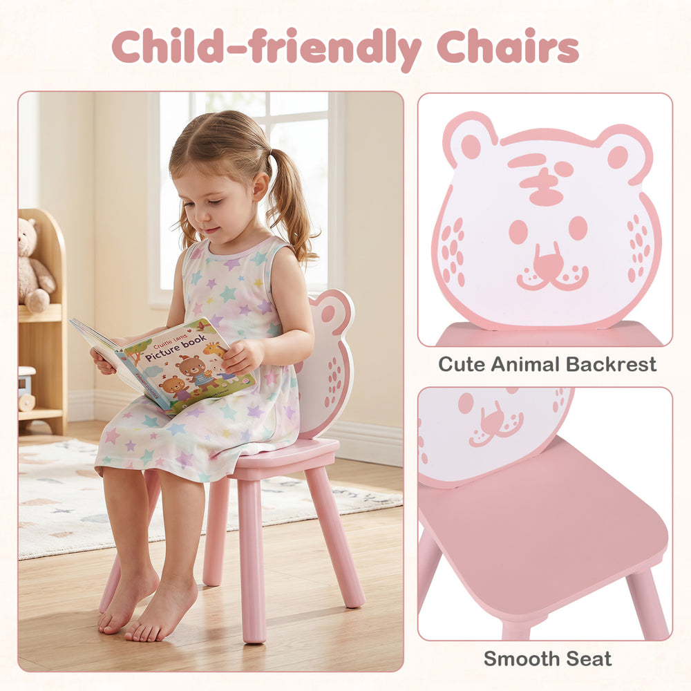 Child-friendly pink chair with a cute animal backrest, smooth seat, perfect for kids' activities and playtime.