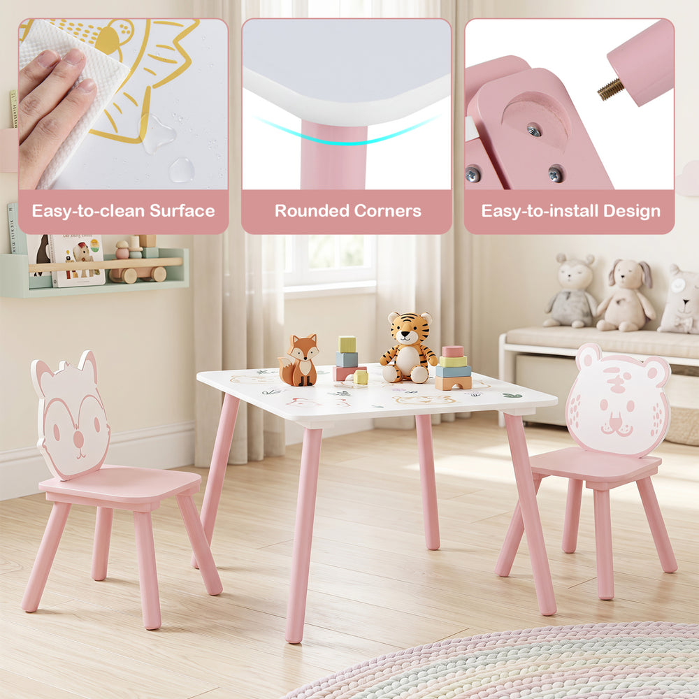 Kids table and chairs set with animal patterns, featuring a smooth surface, rounded corners, and easy-to-install design.