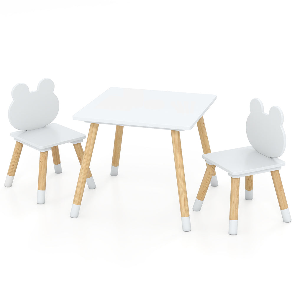 Kids wooden table and chair set with froggy design, natural pine legs, perfect for eating and crafting activities.