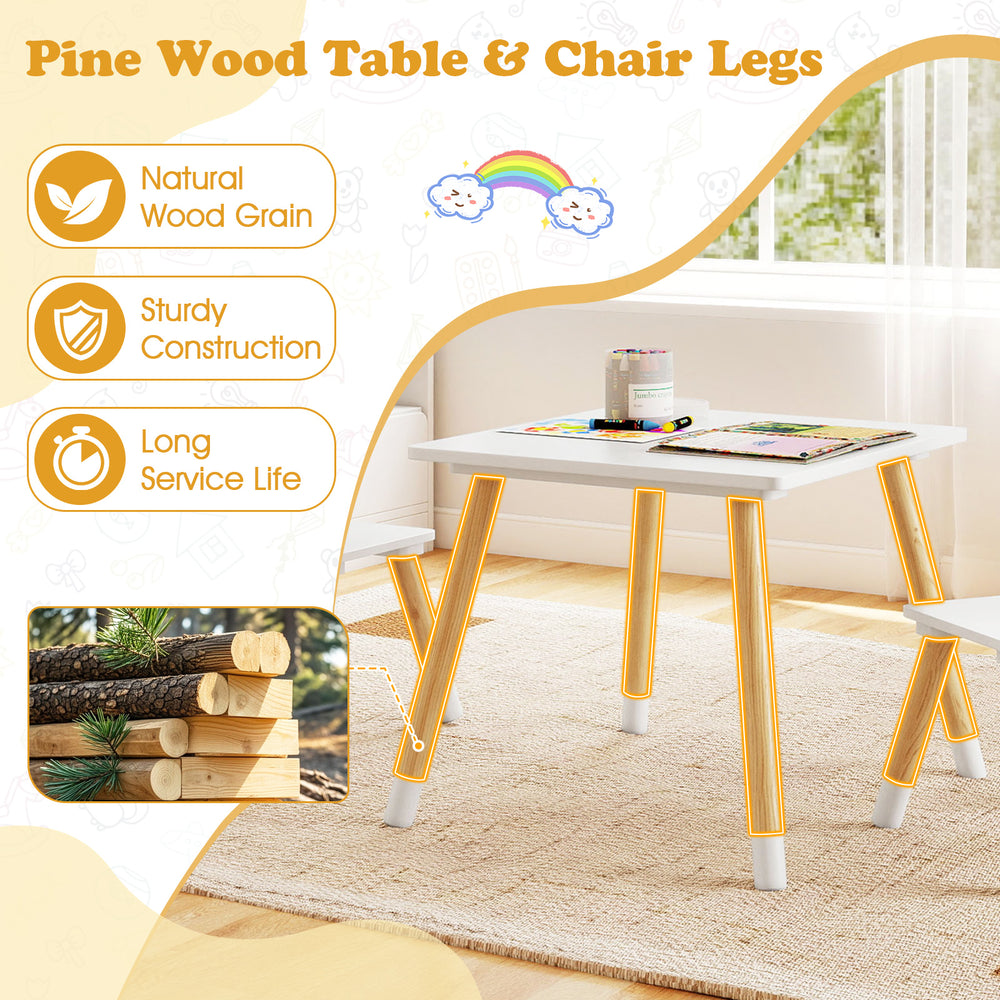 Kids wooden table and chair set with natural pine wood legs, cute froggy design, perfect for crafting and playtime.