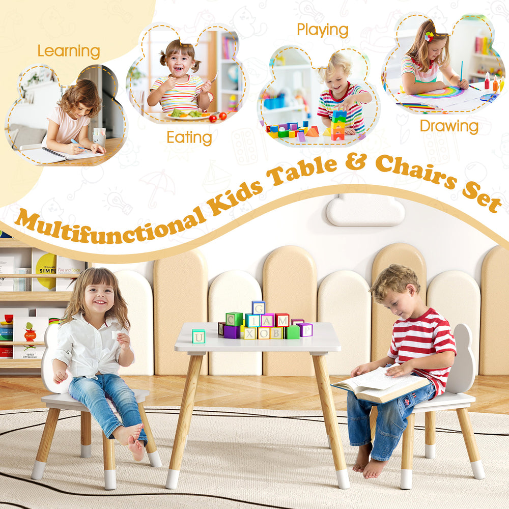 Kids wooden table and chair set with froggy design, ideal for eating, crafting, and drawing in playrooms or classrooms.