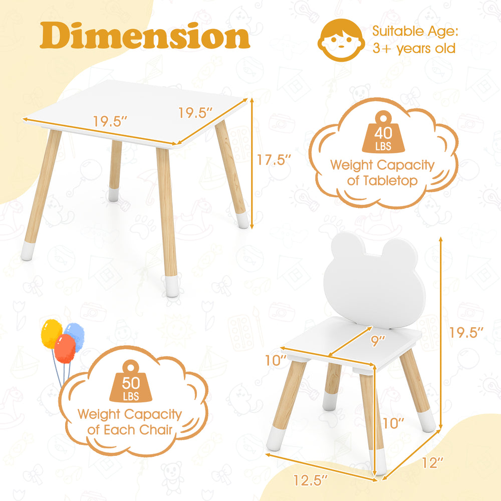 Dimensions of the 3 Pieces Kids Wooden Table and Chair Set with froggy design, suitable for ages 3+, with sturdy.
