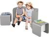 Kids sitting on a gray 3-piece wooden table and chair set, ideal for playtime and learning in a safe environment.