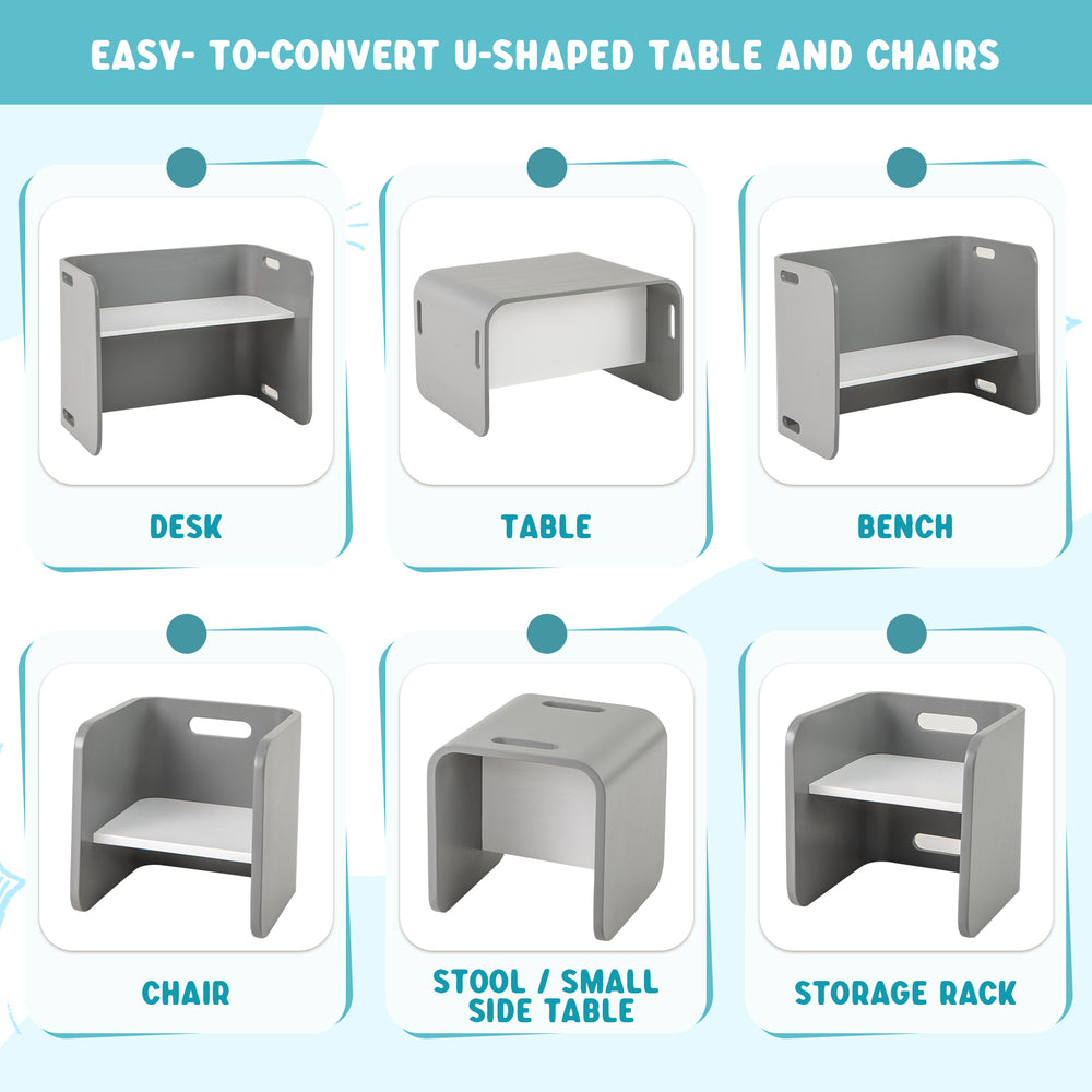 Gray kids wooden table and chair set featuring a multifunctional design for play and learning, made from durable birch.
