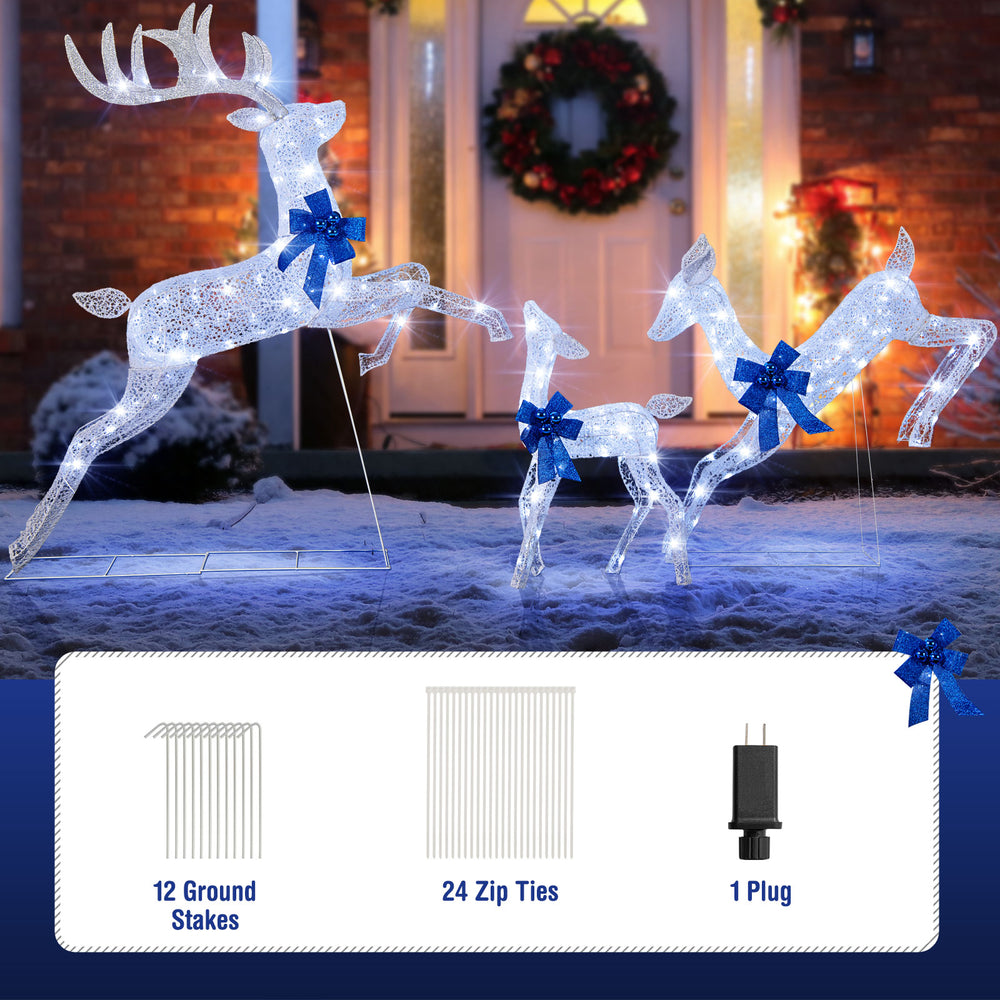 Lighted Christmas reindeer family set with 255 white lights, featuring vivid antlers and red bows for festive.