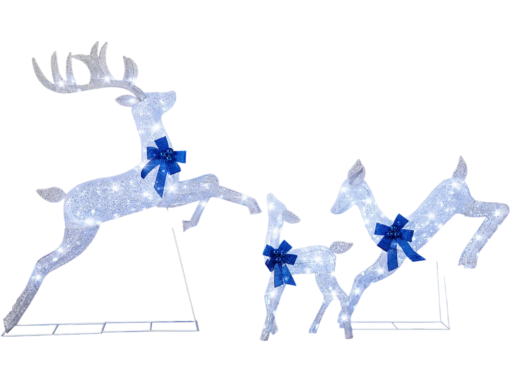 Lighted Christmas reindeer family set with 255 lights, featuring realistic antlers and festive blue bows for outdoor.
