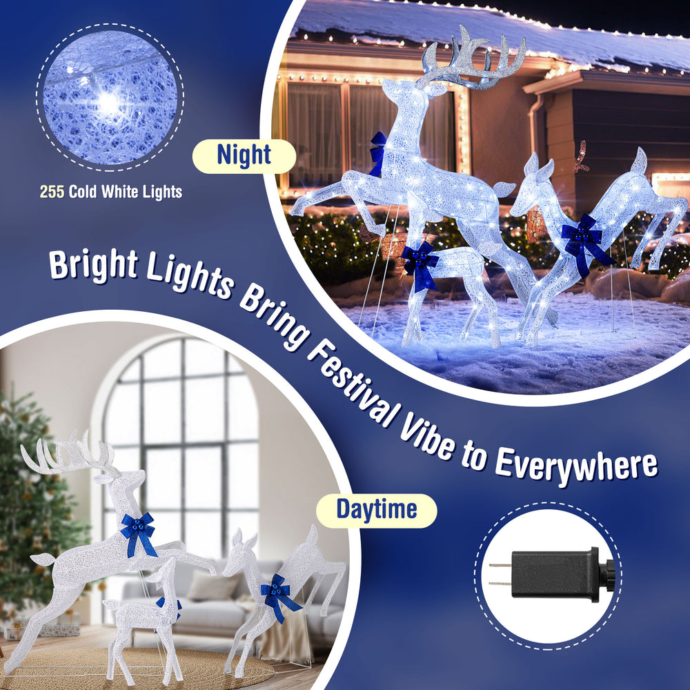 Three-piece lighted Christmas reindeer family set with 255 white lights, showcasing a realistic jumping pose for.