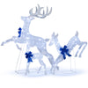 Lighted Christmas reindeer family set with 255 white lights and blue bows, perfect for festive indoor and outdoor decor.