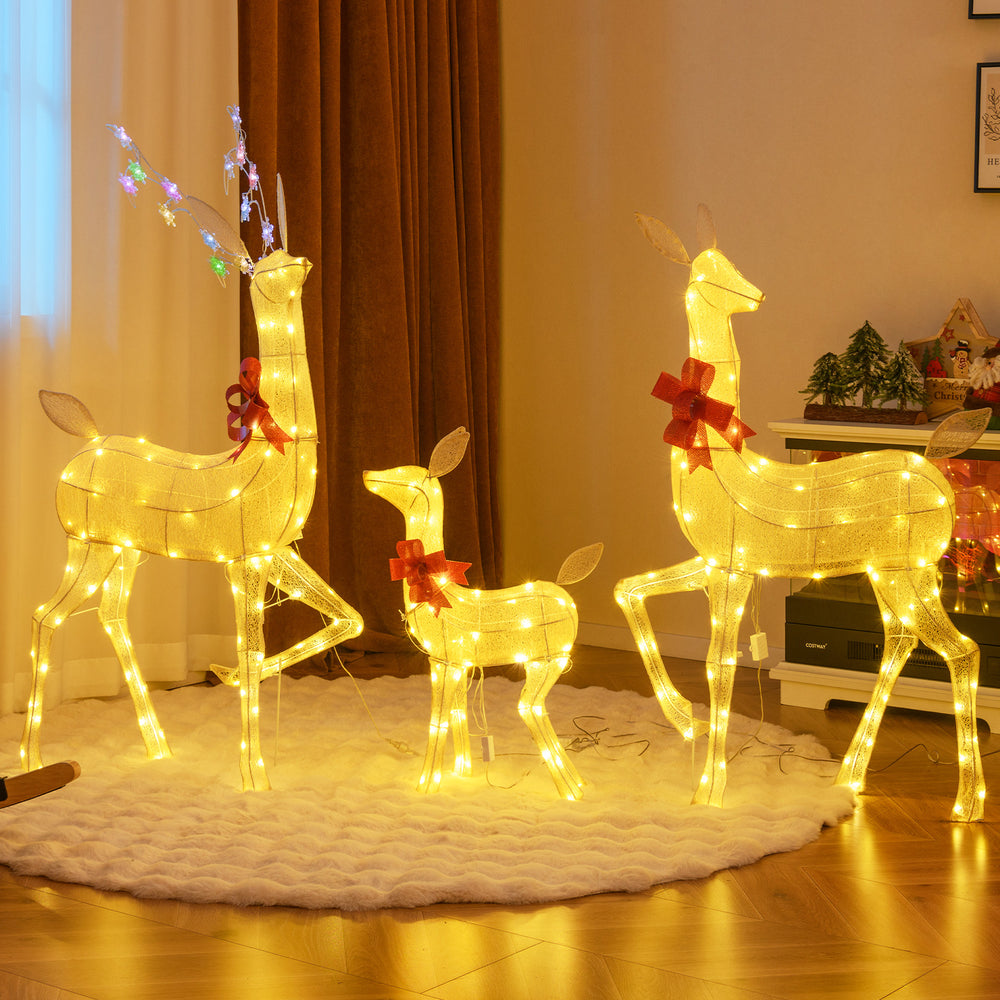 Lighted family deer set with 221 LED lights and decorative bows, perfect for festive indoor or outdoor displays.