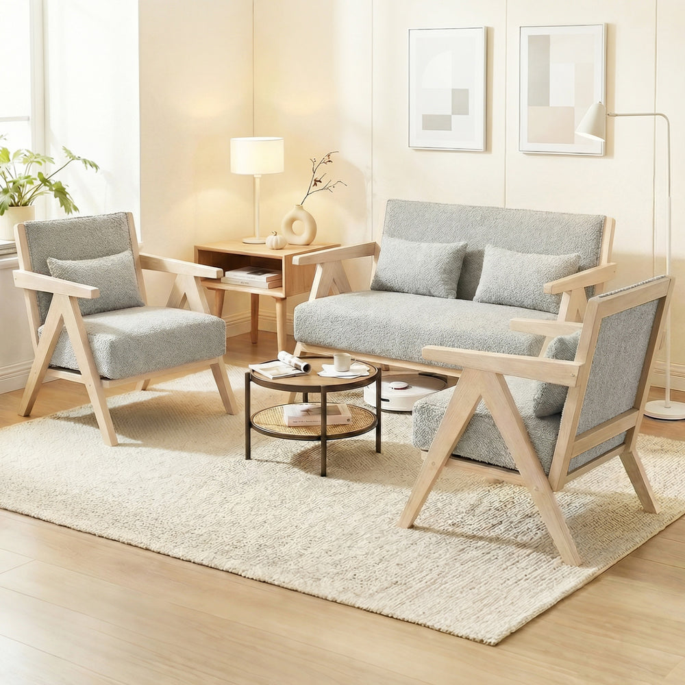 3 Pieces Living Room Furniture Set with Rubber Wood Frame-Gray - Gallery View 1 of 9