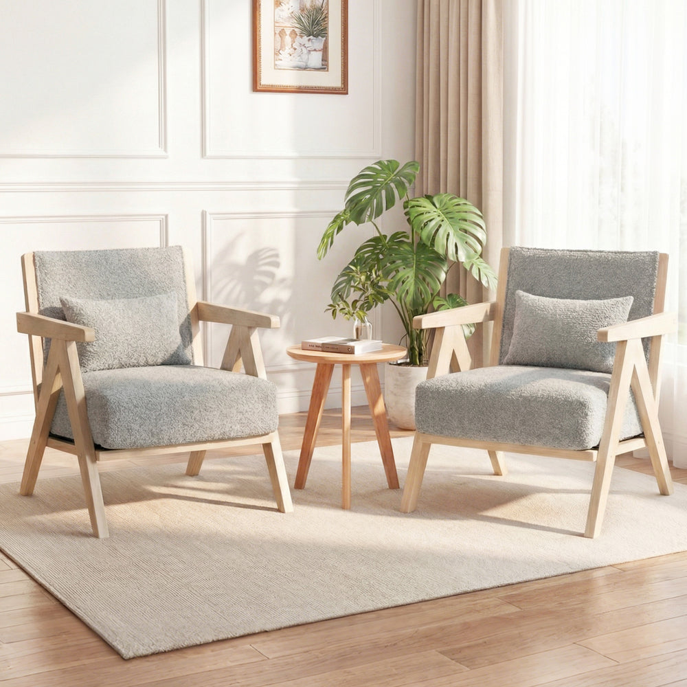 Gray living room chairs with rubber wood frame, soft chenille fabric, and throw pillows for comfort and style.