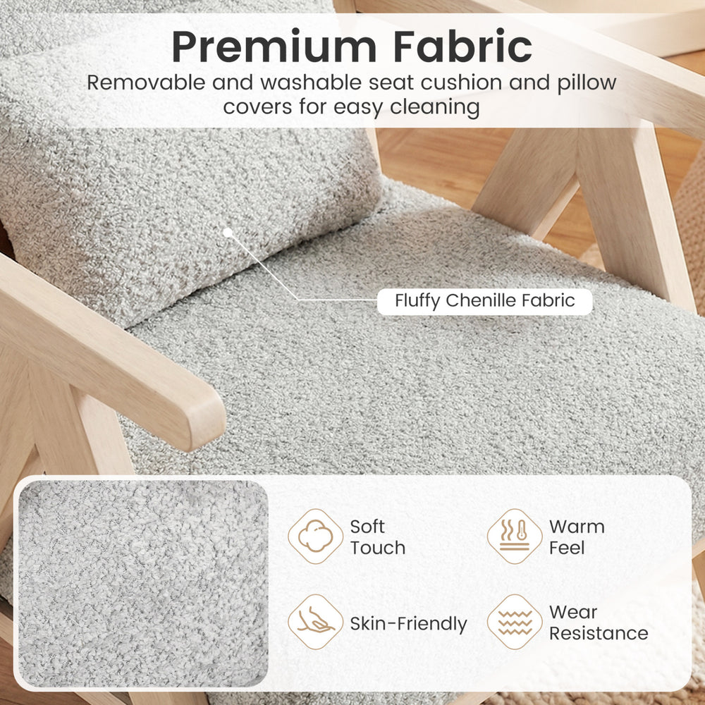 Fluffy gray chenille fabric seat cushion and pillow covers, removable for easy cleaning, ideal for living room comfort.
