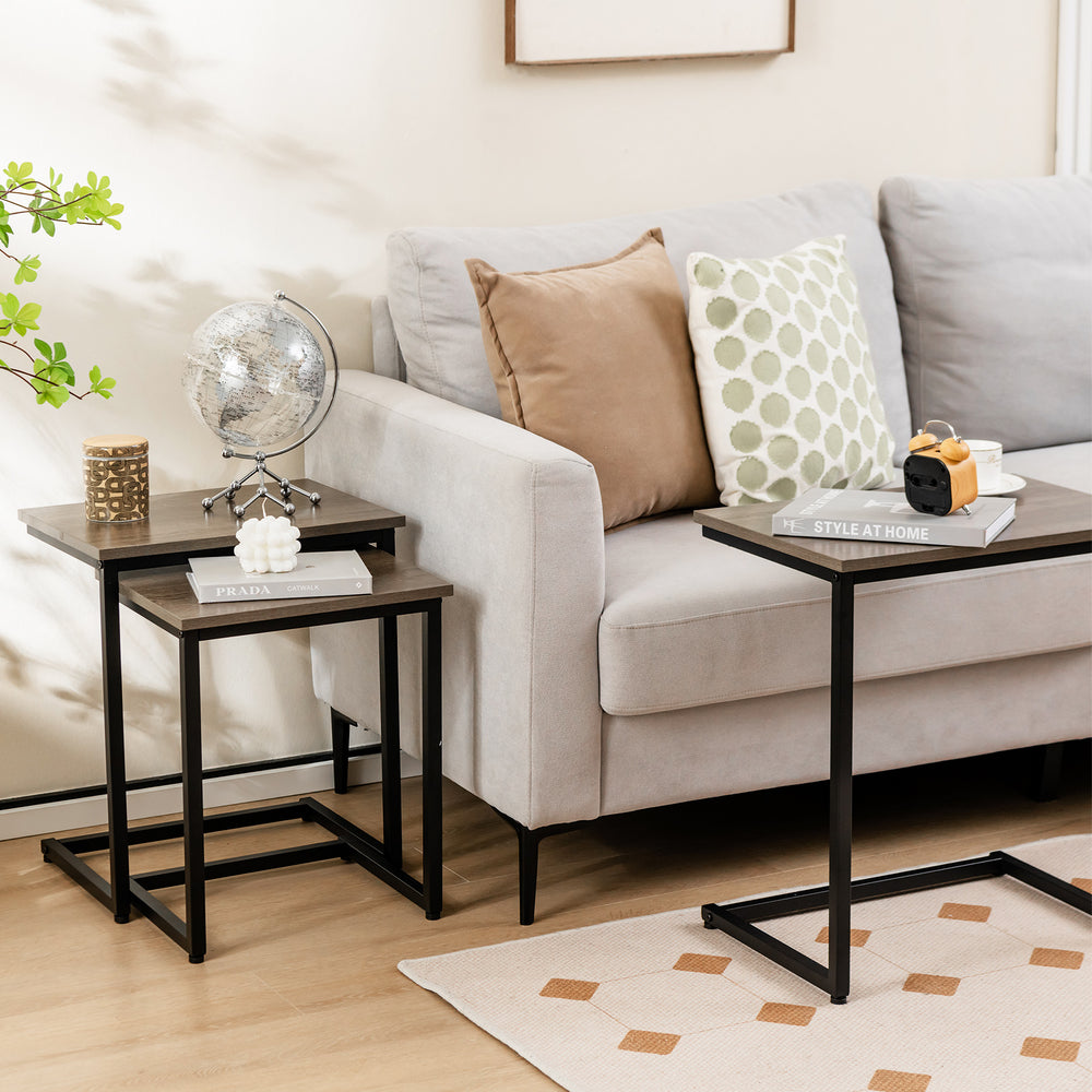 Set of 3 oak side tables with C-shaped frame, ideal for living room or office, featuring a smooth, easy-to-clean.