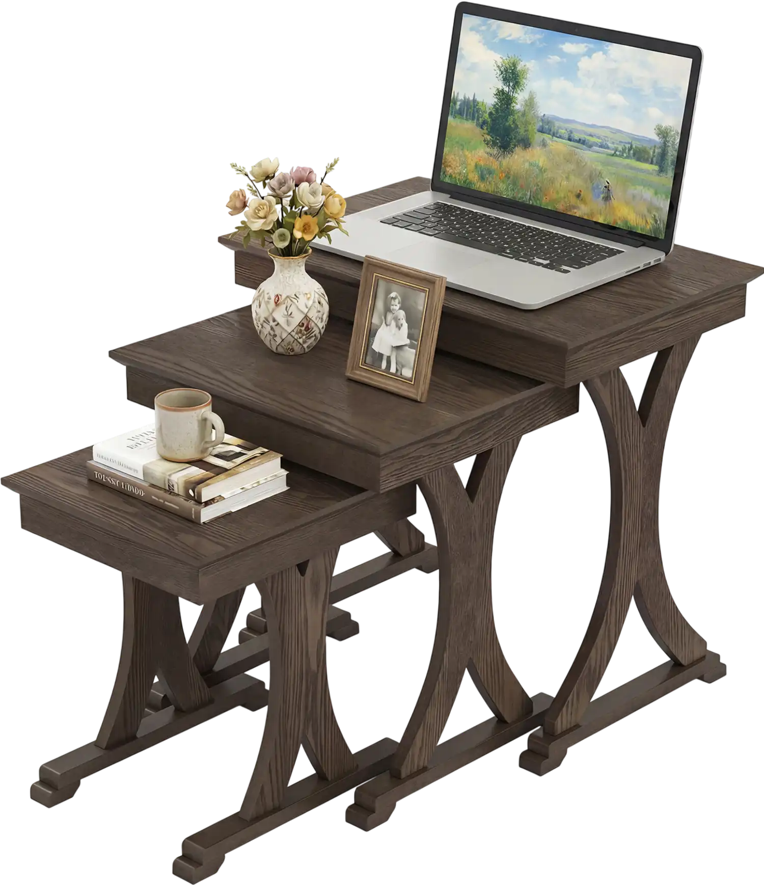 Costway 3-Pc Nesting Coffee & Side Table Set Solid Rubber Wood Legs 74709315 New