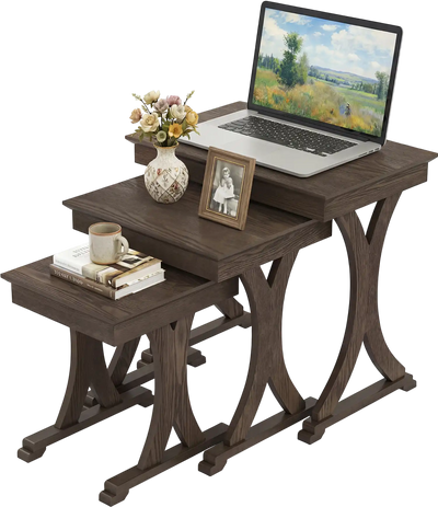 Costway 3-Pc Nesting Coffee & Side Table Set Solid Rubber Wood Legs 74709315 New