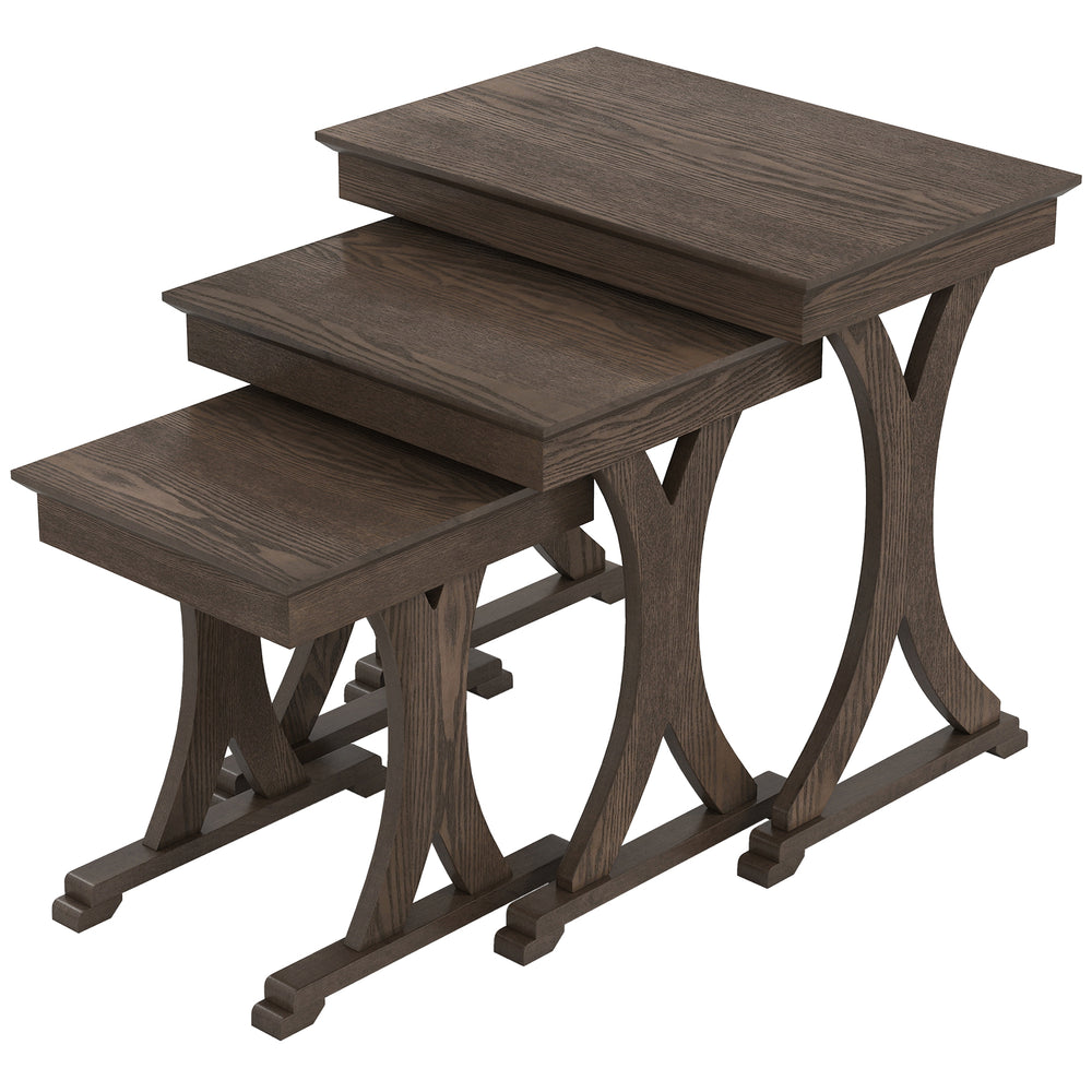 Single nesting coffee table from the set featuring a modern geometric design with solid rubber wood legs in brown.