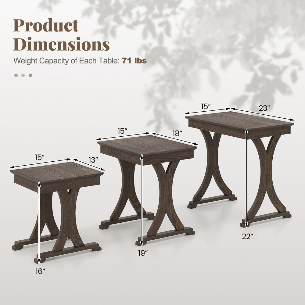 Nesting coffee table set dimensions showing three tables with solid rubber wood legs in brown for versatile interior.