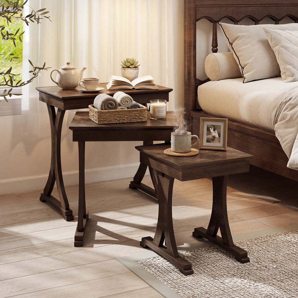 Single nesting coffee table in brown with a geometric design and solid rubber wood legs, ideal for bedside or sofa use.