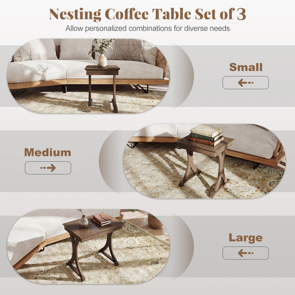 Nesting coffee table set of 3 in brown with solid rubber wood legs, perfect for versatile use in living rooms or.