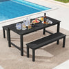 Outdoor dining table set with two benches in black, featuring a large tabletop and rustic wood-like surface for patio.