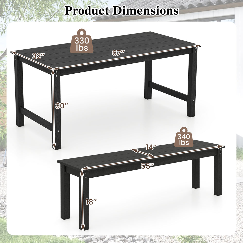 Dimensions of the 3-piece outdoor dining table set with black HDPE material, accommodating 2-3 people for patio use.