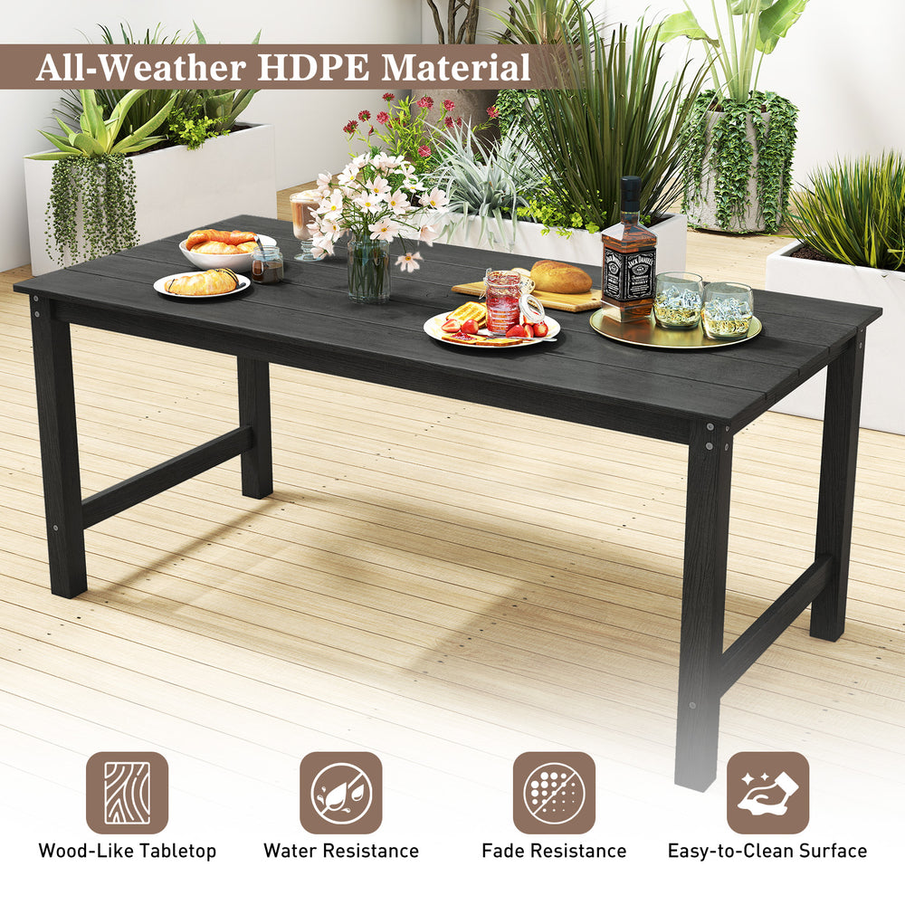 Outdoor dining table set featuring a black wood-like HDPE surface, ideal for patio or garden use, accommodating 2-3.
