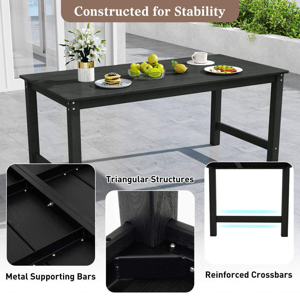 Outdoor dining table set featuring a large 67” black tabletop with metal supporting bars for stability, ideal for patio.